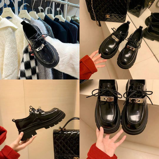 Damen Chunky Lackleder‑Schnürloafer mit markanter Lug‑Sohle und dekorativer Metallschnalle Nord Taschen