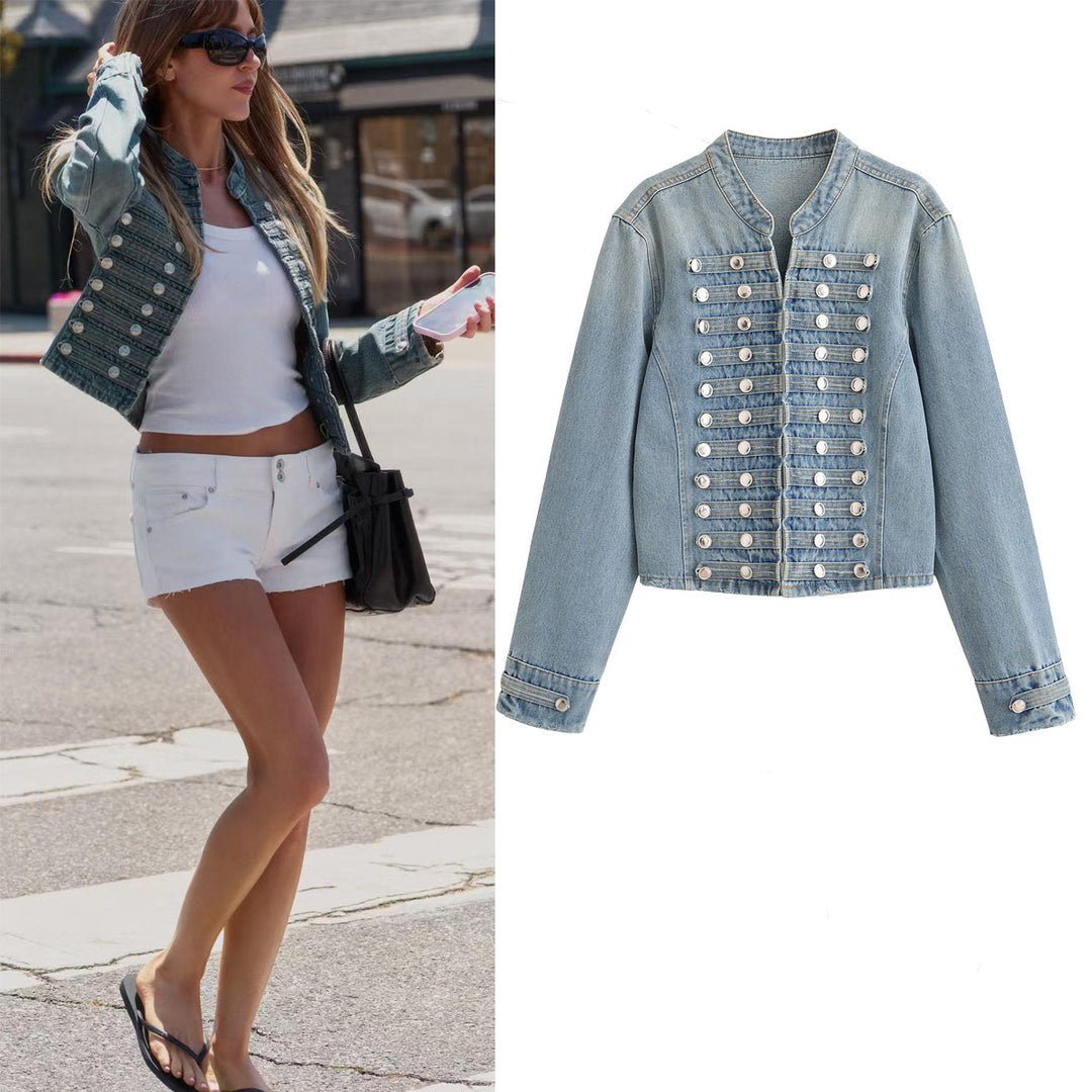 Damen Kurze taillierte Jeansjacke im Militärlook mit doppelten Zierknopfreihen Nord Taschen