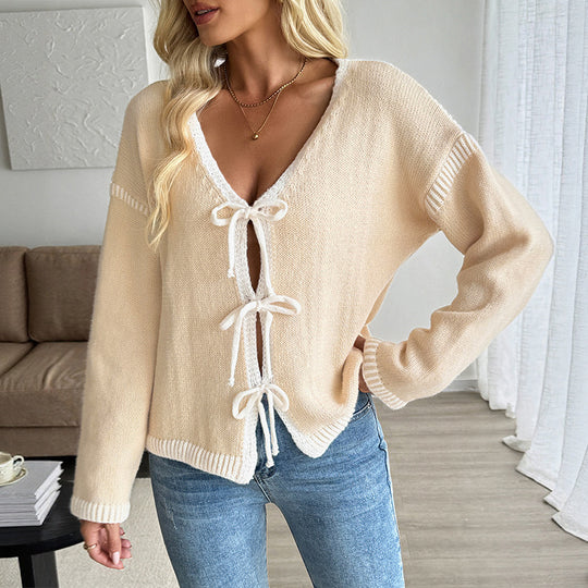Damen Modischer Strickpullover mit dekorativen Bindebändern Nord Taschen