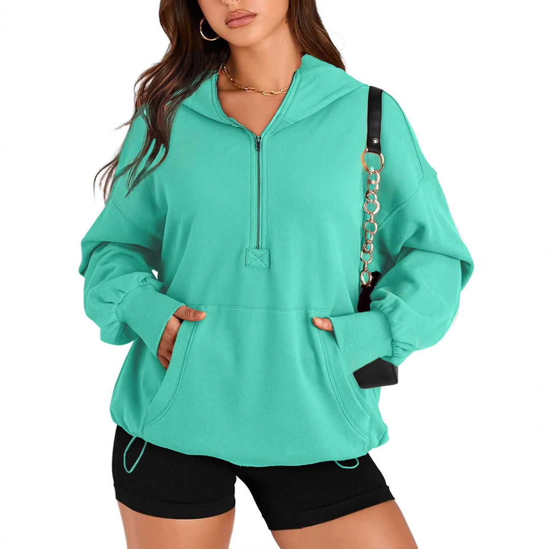 Damen Oversize-Halbreißverschluss-Kapuzenpullover mit Kängurutasche Nord Taschen