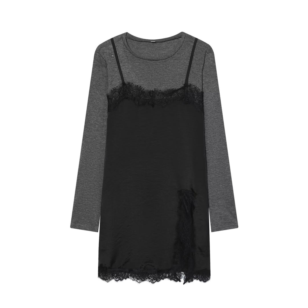 Damen Lagenlook-Longsleeve mit Satin-Slip-Einsatz und Spitzenbesatz Nord Taschen