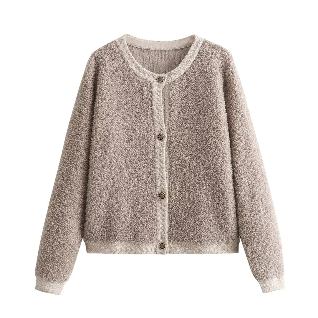 Damen Bouclé-Strickjacke mit Knopfleiste und Rundhalsausschnitt Nord Taschen