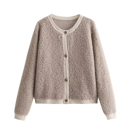 Damen Bouclé-Strickjacke mit Knopfleiste und Rundhalsausschnitt Nord Taschen