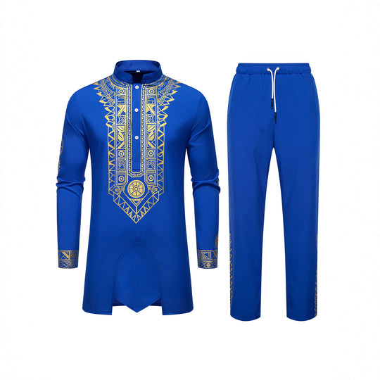 Herren Traditionelles Langarm-Kurta-Set mit Stehkragen, goldfarbenem Ornamentdruck und Tunnelzughose Nord Taschen
