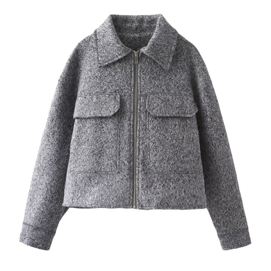 Damen Kurz geschnittene Bouclé‑Jacke mit durchgehendem Reißverschluss und Pattentaschen Nord Taschen