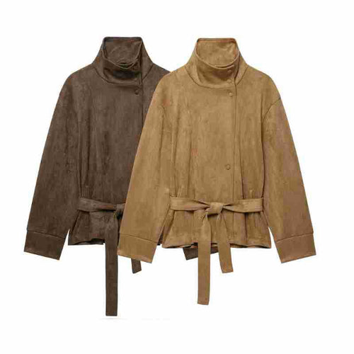 Damen Kurze Velours‑Optik Jacke mit hohem Funnelkragen, Druckknopfleiste und Bindegürtel Nord Taschen