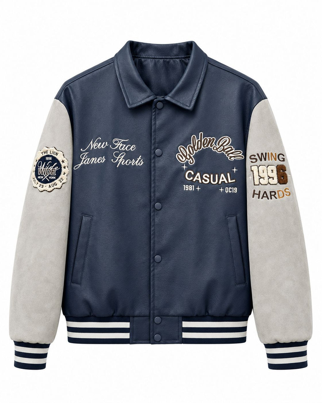 Herren Varsity-Lederoptik Collegejacke mit Kontrastärmeln, gestickten Patches und geripptem Saum Nord Taschen