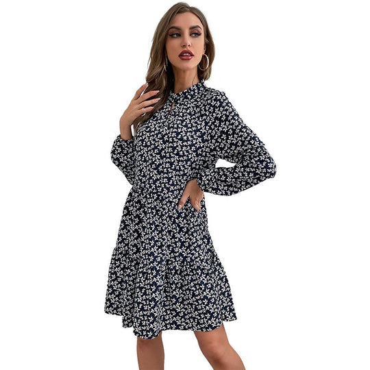 Damen Gestuftes Minikleid mit Stehkragen, Blumenprint und taillierter A‑Linie Nord Taschen