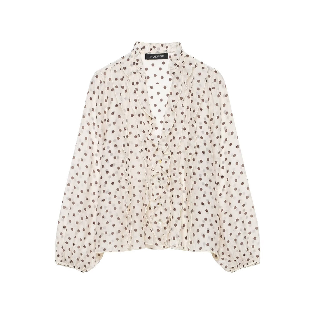 Damen Leichte Chiffon-Bluse mit Volantknopfleiste und Ballonärmeln Nord Taschen