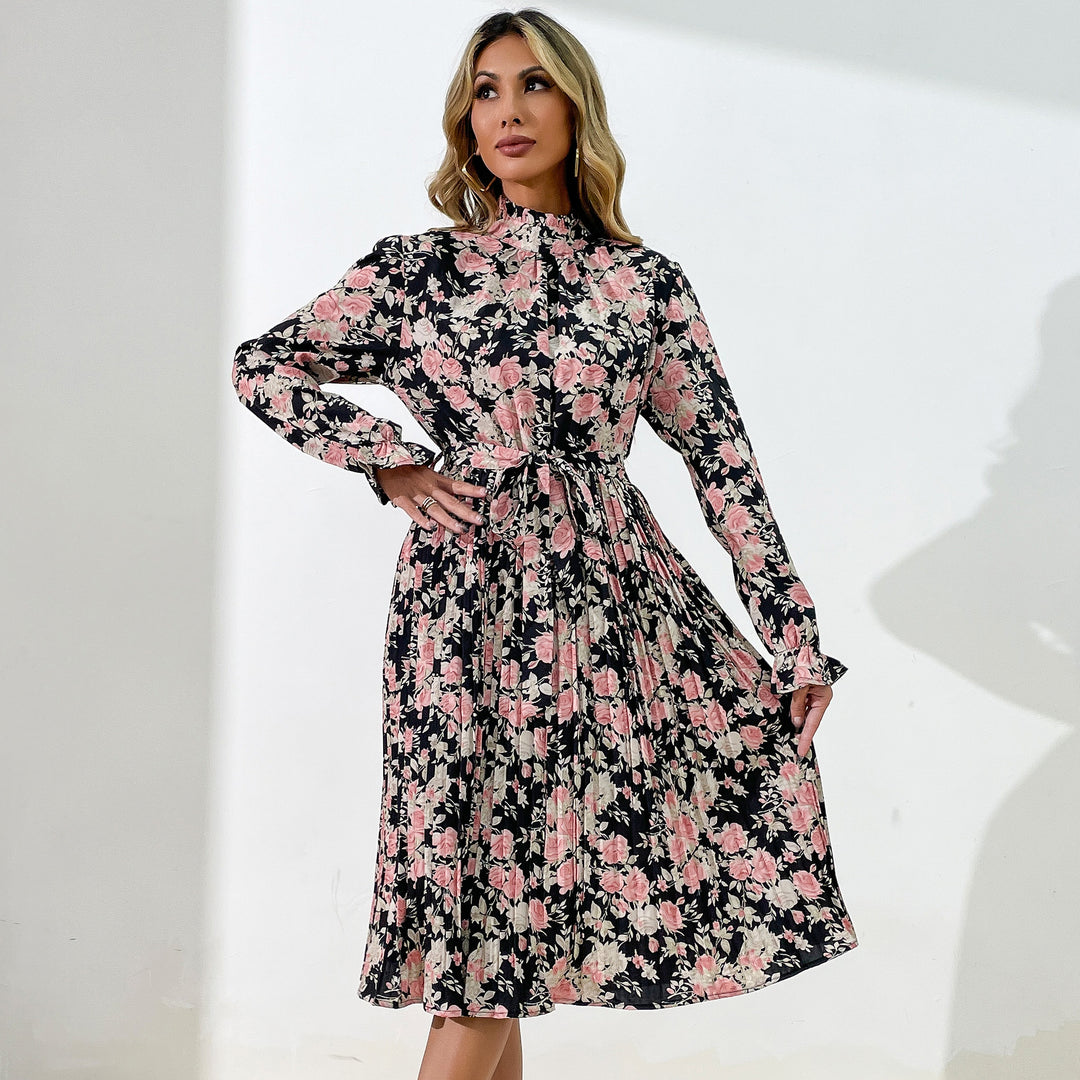 Damen Midikleid mit Blumenprint, Plissée‑Rock, Stehkragen und Bindegürtel Nord Taschen