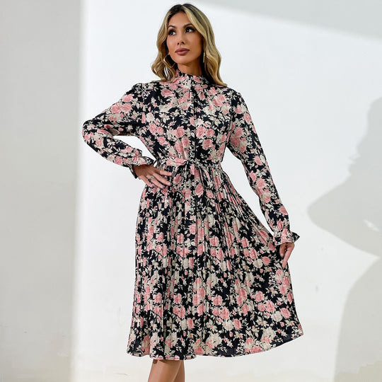 Damen Midikleid mit Blumenprint, Plissée‑Rock, Stehkragen und Bindegürtel Nord Taschen