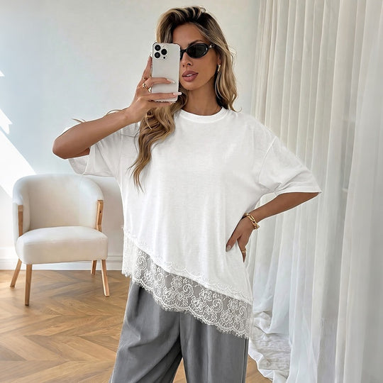Damen Elegantes T-Shirt mit Spitzenrand Nord Taschen
