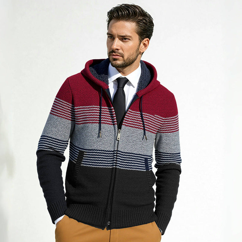 Herren Kapuzen-Strickzipjacke mit farbverlaufendem Blockstreifenmuster und thermischer Struktur Nord Taschen