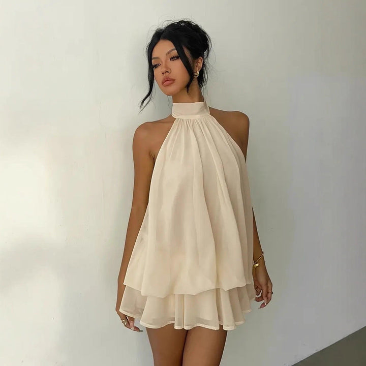 Damen lässiges Trägerkleid mit hochgeschlossenem Design und gerafftem Saum