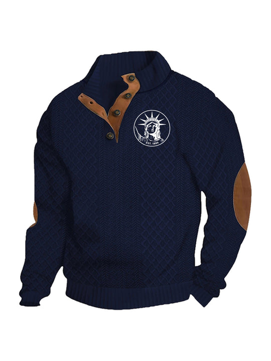 Herren nan Heritage-Strukturpullover mit Stehkragen Lederimitat-Besatz Ellenbogen-Patches und Halbknopfleiste
