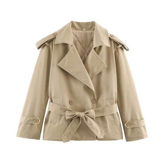 Damen Taillierte Kurz-Trenchjacke mit Bindegürtel und Schulterpatten Nord Taschen