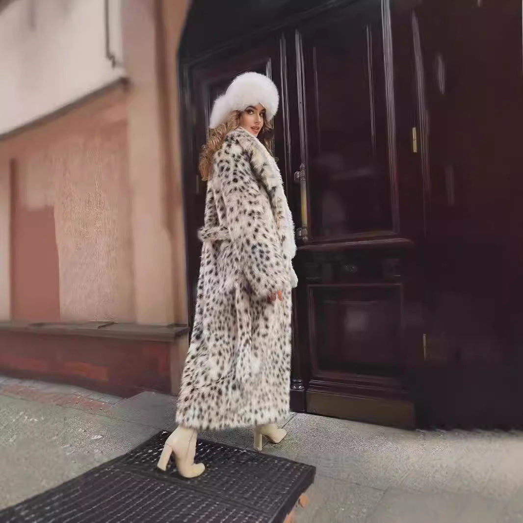 Damen langer Oversize Kunstpelzmantel mit Leopardenmuster und breitem Revers Nord Taschen