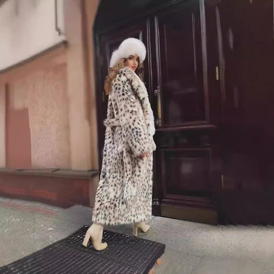 Damen langer Oversize Kunstpelzmantel mit Leopardenmuster und breitem Revers Nord Taschen