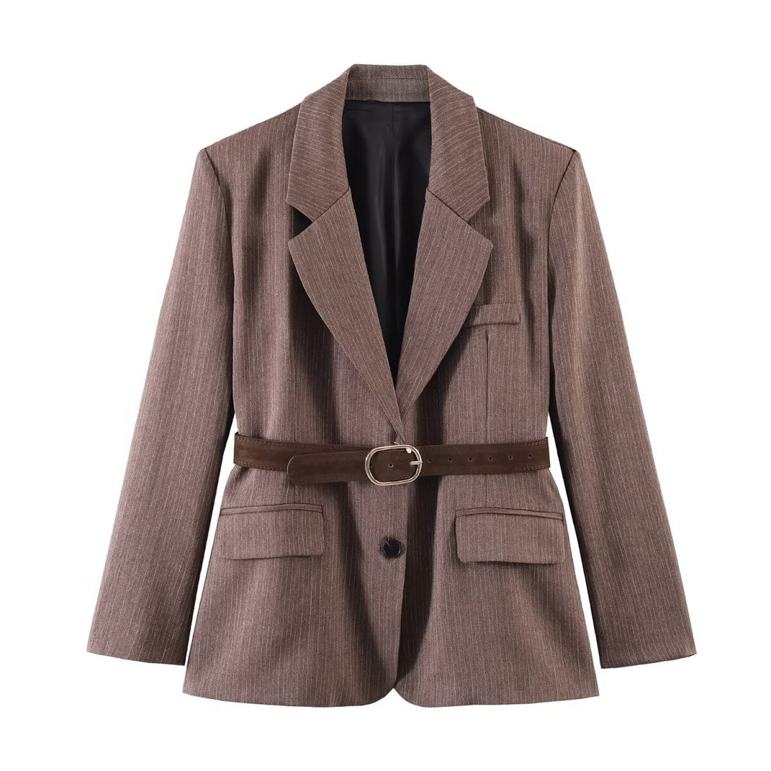 Damen Taillierter Einreihiger Blazer mit Gürtel und tonalem Nadelstreifen Nord Taschen