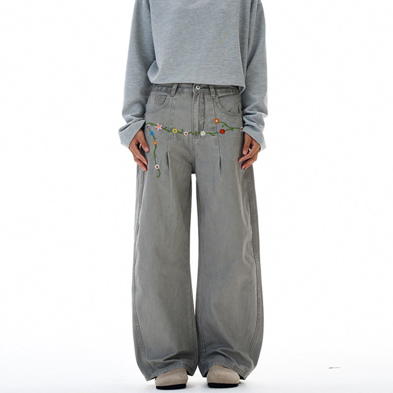 Damen Extraweite Denim-Palazzohose mit floraler Stickerei Nord Taschen