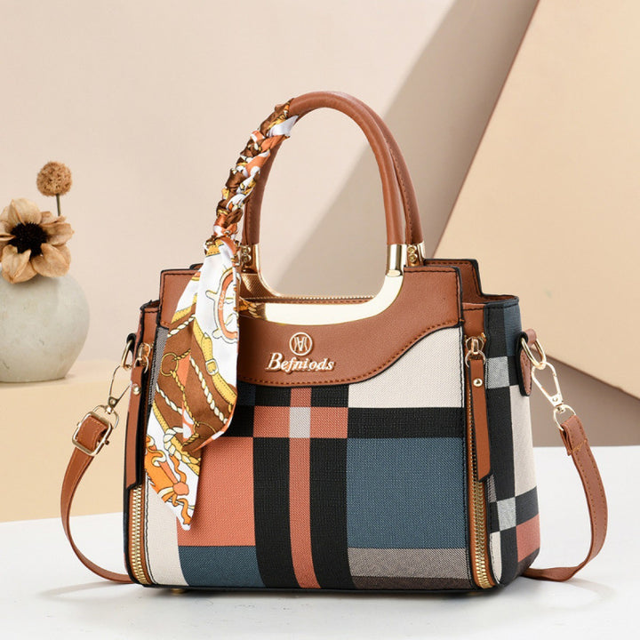 Damen Handtasche mit modernem Karomuster und elegantem Seiden-Schal Nord Taschen