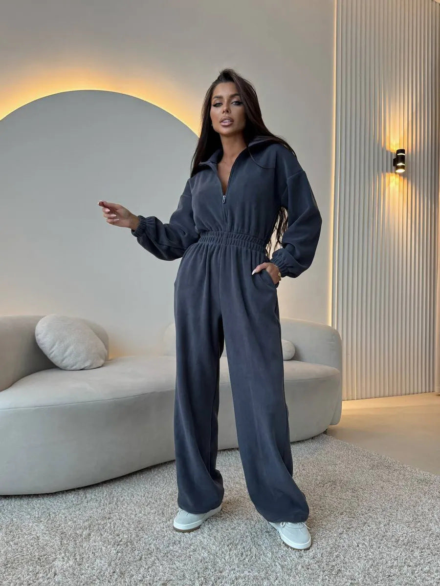 Damen eleganter Lounge-Overall mit elastischer Taillenpartie, Stehkragen, Reißverschluss und weitem Bein Nord Taschen