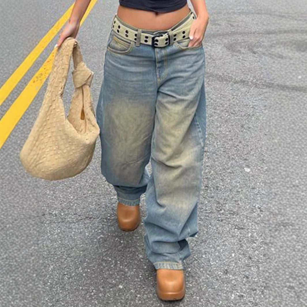 Damen Vintage-inspirierte Baggy-Jeans mit niedrigem Bund, weitem Bein und Used-Waschung Nord Taschen