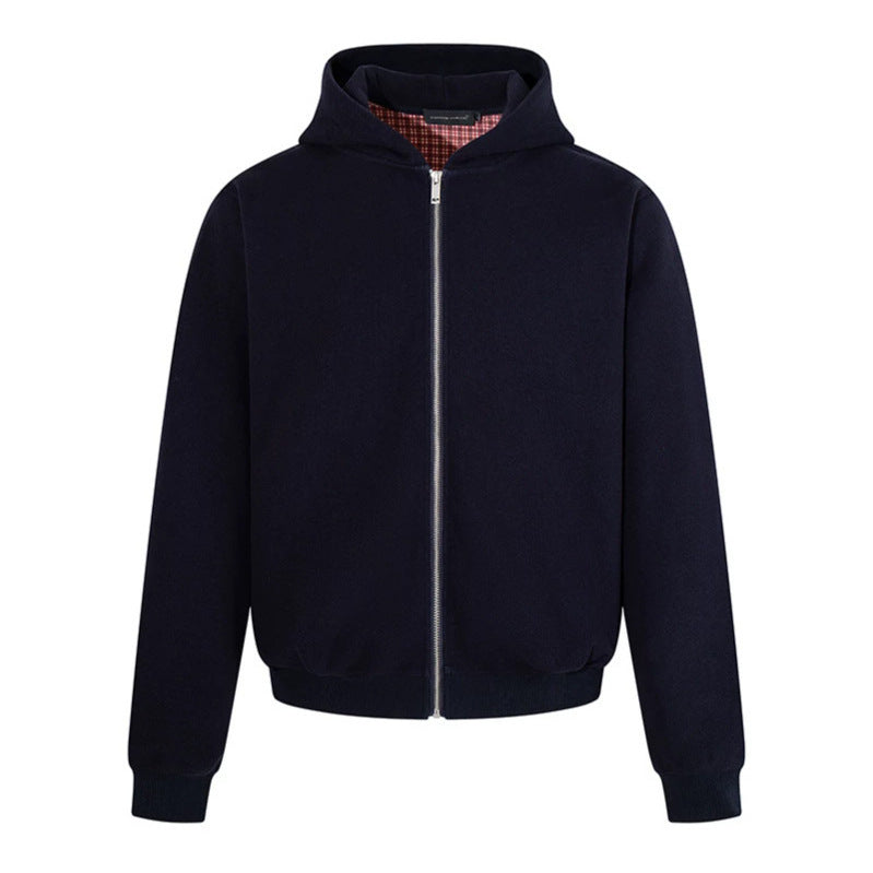 Herren Kapuzen‑Sweatjacke mit karierter Kapuzenfütterung, Metallreißverschluss und geripptem Saum Nord Taschen