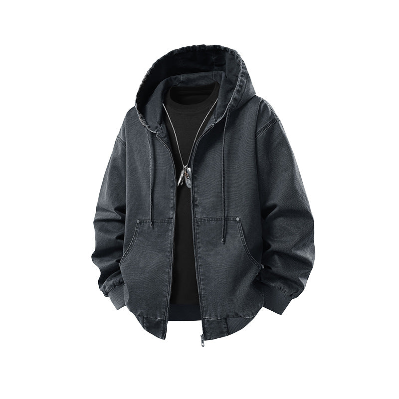 Herren Oversize Kapuzenjacke aus gewaschenem Canvas mit Reißverschluss und Utility-Taschen Nord Taschen