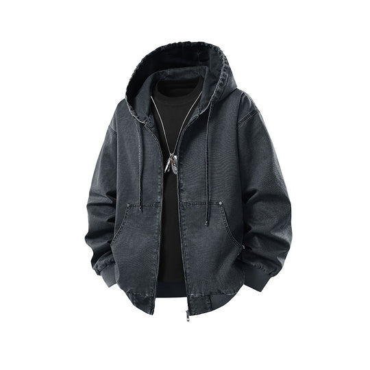 Herren Oversize Kapuzenjacke aus gewaschenem Canvas mit Reißverschluss und Utility-Taschen Nord Taschen