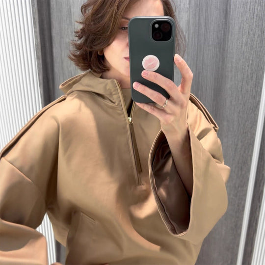 Damen Oversize Kapuzenpullover mit halbem Reißverschluss, Ballonärmeln & Tunnelzug Nord Taschen
