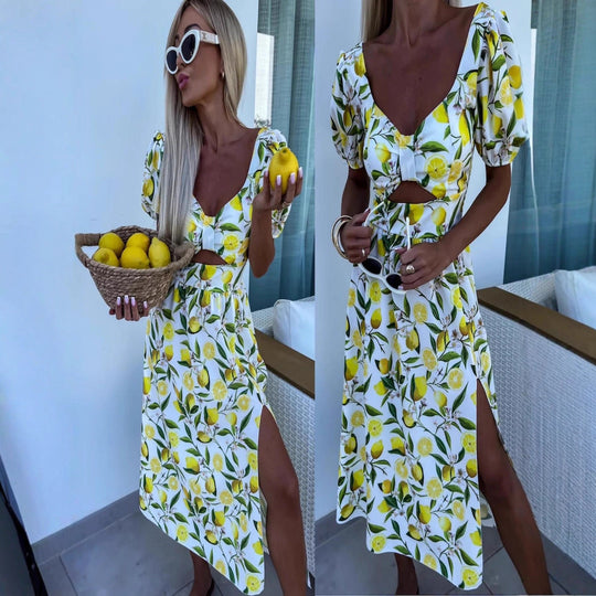 Damen Maxi Kleid mit Fruchtmotiv und Cut-Out-Details