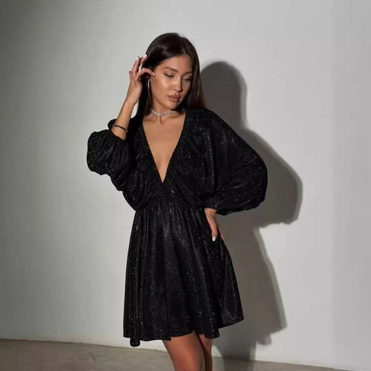 Damen Glitzerndes Abendkleid mit tiefem V Ausschnitt, Ballonärmeln und taillenbetonter Glockenrock Nord Taschen