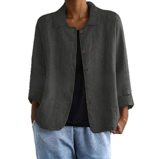 Damen Oversized Leinen-Hemdjacke mit Hemdkragen, 3/4-Ärmeln und durchgehender Knopfleiste Nord Taschen