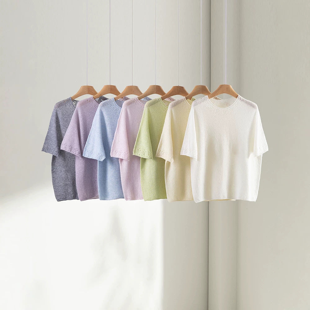 Damen Leichtes Feinstrick-Shirt mit halblangen Ärmeln, Rundhals und feinem Lochmuster Nord Taschen