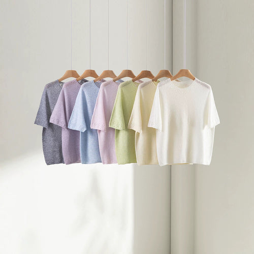 Damen Leichtes Feinstrick-Shirt mit halblangen Ärmeln, Rundhals und feinem Lochmuster Nord Taschen