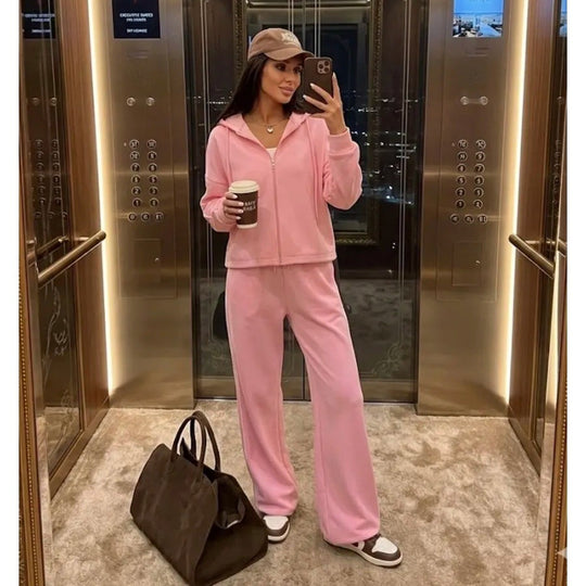 Damen lässiges Lounge-Set aus French-Terry mit Kurzzip-Hoodie und High-Waist Wide-Leg Jogginghose mit Kontrastpaspel Nord Taschen