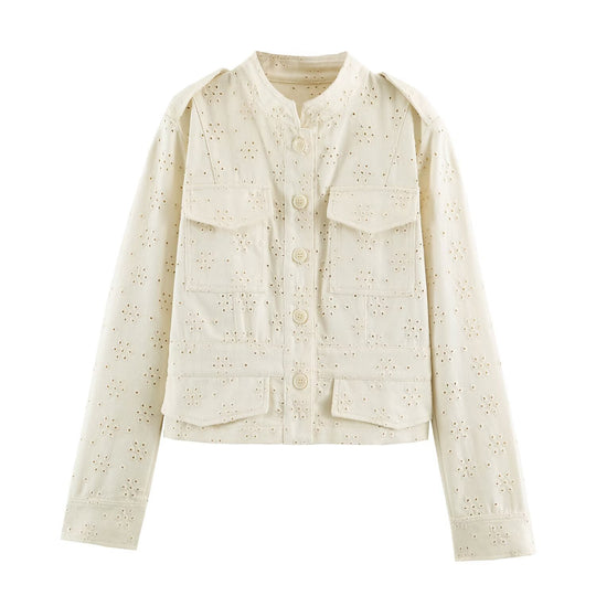 Damen Kurze Broderie‑Anglaise Jacke im Utilitarstil mit Stehkragen und Pattentaschen Nord Taschen
