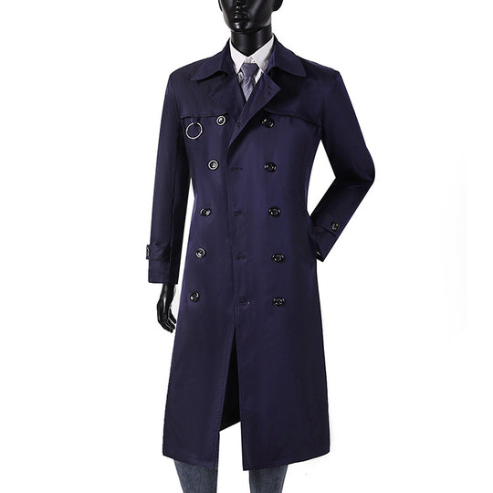 Herren Doppelreihiger Trenchcoat mit Taillierung, Reverskragen und dekorativem Metallring Nord Taschen