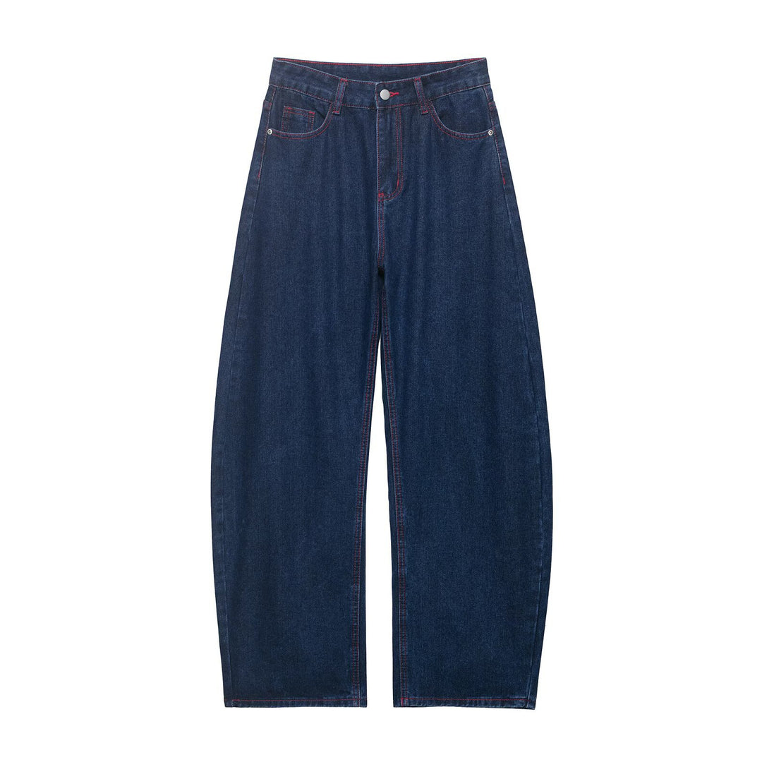Damen Weite High‑Waist-Jeans mit mittlerer Leibhöhe, geradem Bein und kontrastfarbigen Ziernähten Nord Taschen