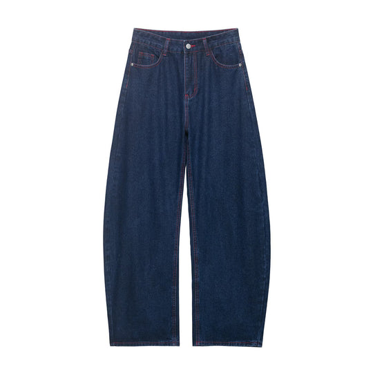Damen Weite High‑Waist-Jeans mit mittlerer Leibhöhe, geradem Bein und kontrastfarbigen Ziernähten Nord Taschen