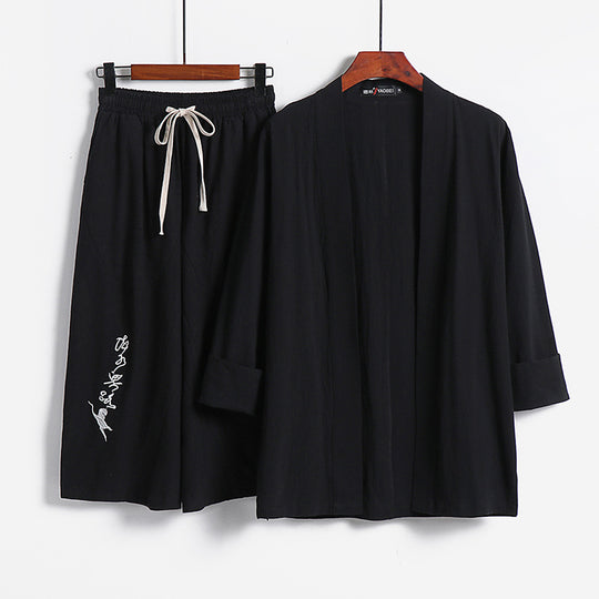 Damen Kimono-Set aus leichter Baumwollmischung offene Jacke mit lässig gekrempelten Ärmeln und weiter Haremshose mit Kordelzug Nord Taschen