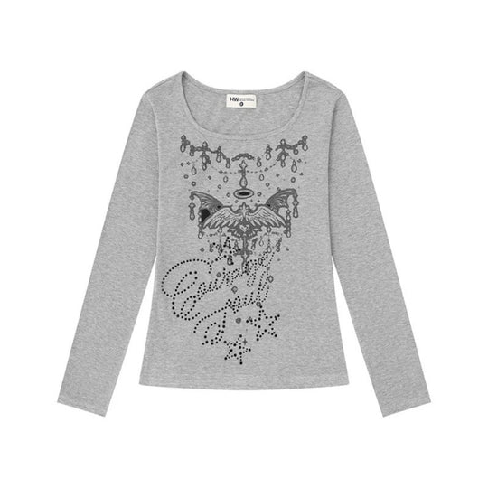 Damen Langarmshirt mit Rundhalsausschnitt, Strass-Print und Engelsmotiv Nord Taschen