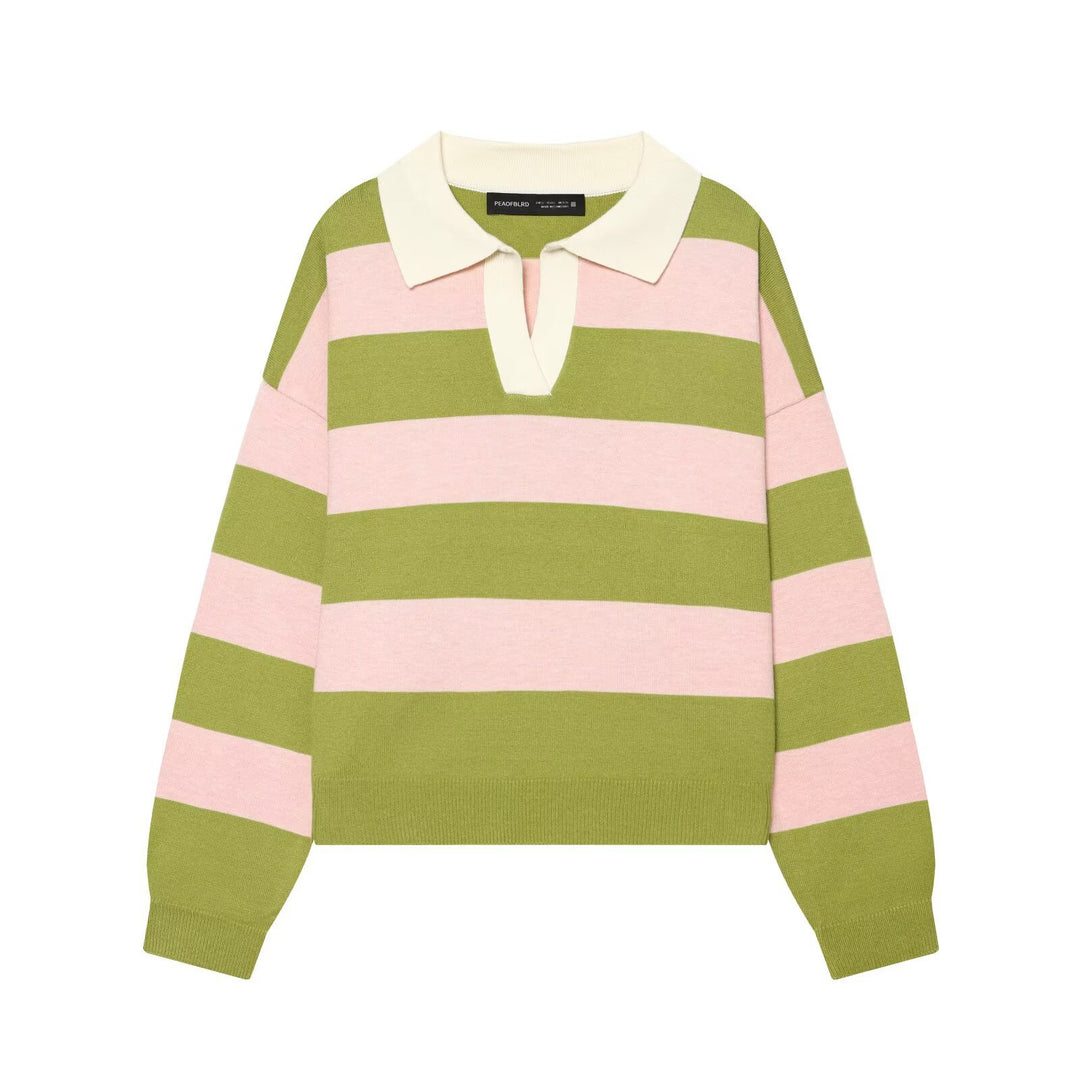 Damen Oversize Rugby-Pullover mit Polokragen und breiten Blockstreifen Nord Taschen