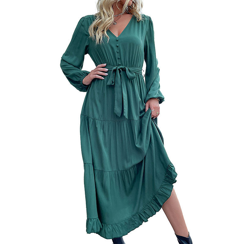 Damen Langes Satin‑Optik Stufenkleid mit V‑Ausschnitt, Bindegürtel und Volantsaum Nord Taschen