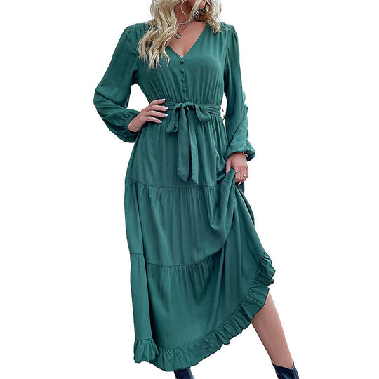 Damen Langes Satin‑Optik Stufenkleid mit V‑Ausschnitt, Bindegürtel und Volantsaum Nord Taschen