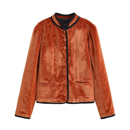 Damen Samtjacke im Blazer-Stil mit Stehkragen und bezogenen Knöpfen Nord Taschen