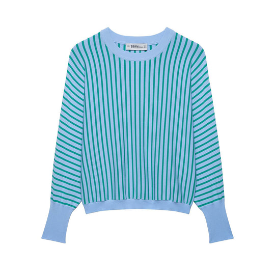 Damen Gestreifter Cropped Feinstrickpullover mit verlängerten Bündchen Nord Taschen