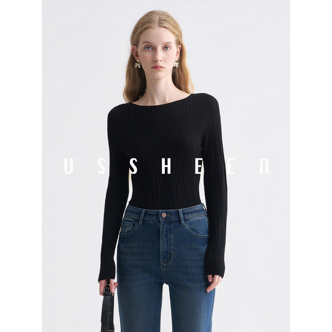 Damen Feinstrick-Longsleeve mit Boot-Ausschnitt und Strukturstrick Nord Taschen
