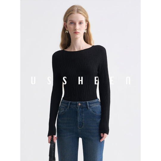 Damen Feinstrick-Longsleeve mit Boot-Ausschnitt und Strukturstrick Nord Taschen